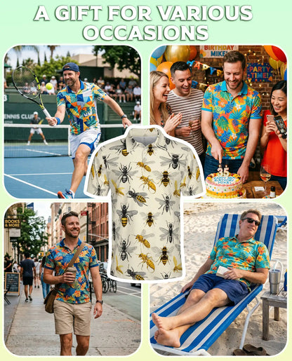 Bee Polo Shirt, Vintage Pollinator Insect Print | Azhawaiian