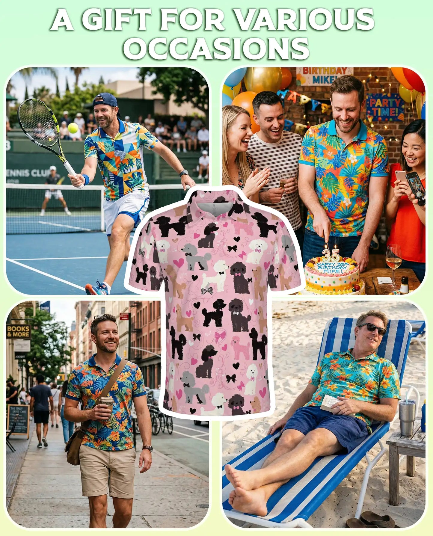 Cute Poodle Dog Lover Polo Shirt for Men - Pink Heart Pattern | Azhawaiian