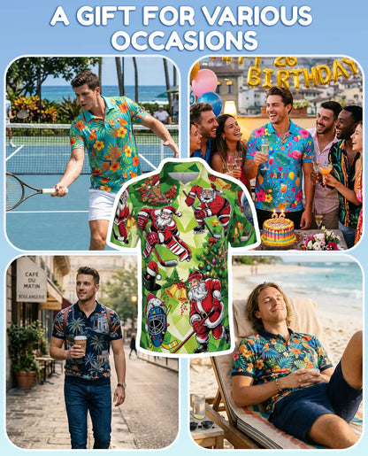 Christmas Hockey Santa Polo Shirt for Men, Festive Holiday Style | Azhawaiian