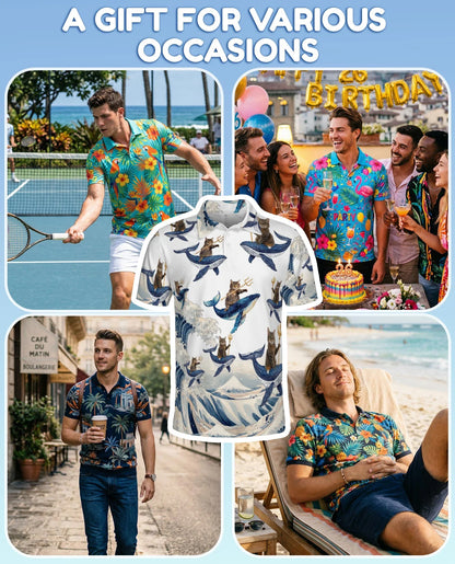 Cat Riding Whale Polo Shirt for Men, Funny Ocean Animal Style | Azhawaiian