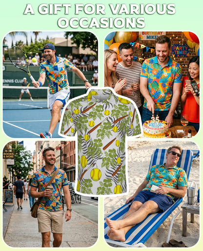 Softball Tropical 3D Polo Shirt for Men, Bat and Ball Summer Style | Azhawaiian