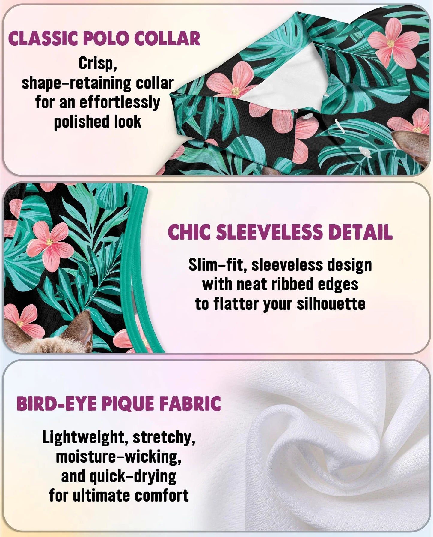 Siamese Cat Tropical Flowers Sleeveless Polo Shirt for Women | Azhawaiian