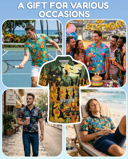 Halloween Cat Parade Polo Shirt for Men, Spooky Black Cats Print | Azhawaiian