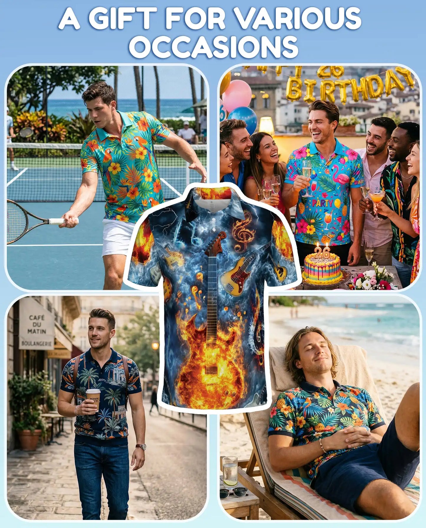 Flaming Electric Guitar Polo Shirt for Men - Rock Music Fire Guitar | Azhawaiian