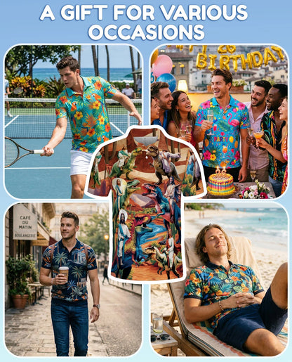 Jesus Riding Dinosaur Polo Shirt for Men, Funny Faith Fantasy Style | Azhawaiian