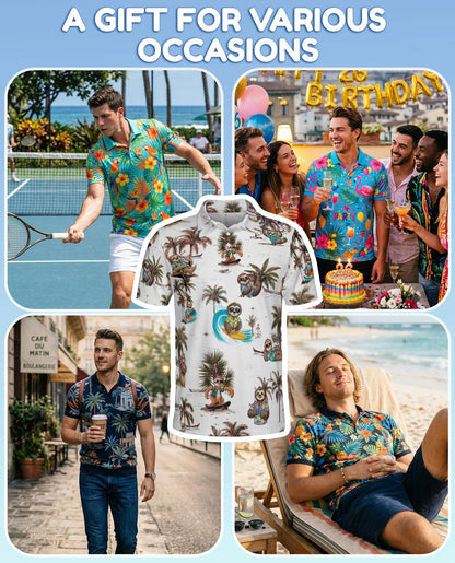 Funny Sloth Summer Beach Polo Shirt for Men, Tropical Animal Style | Azhawaiian
