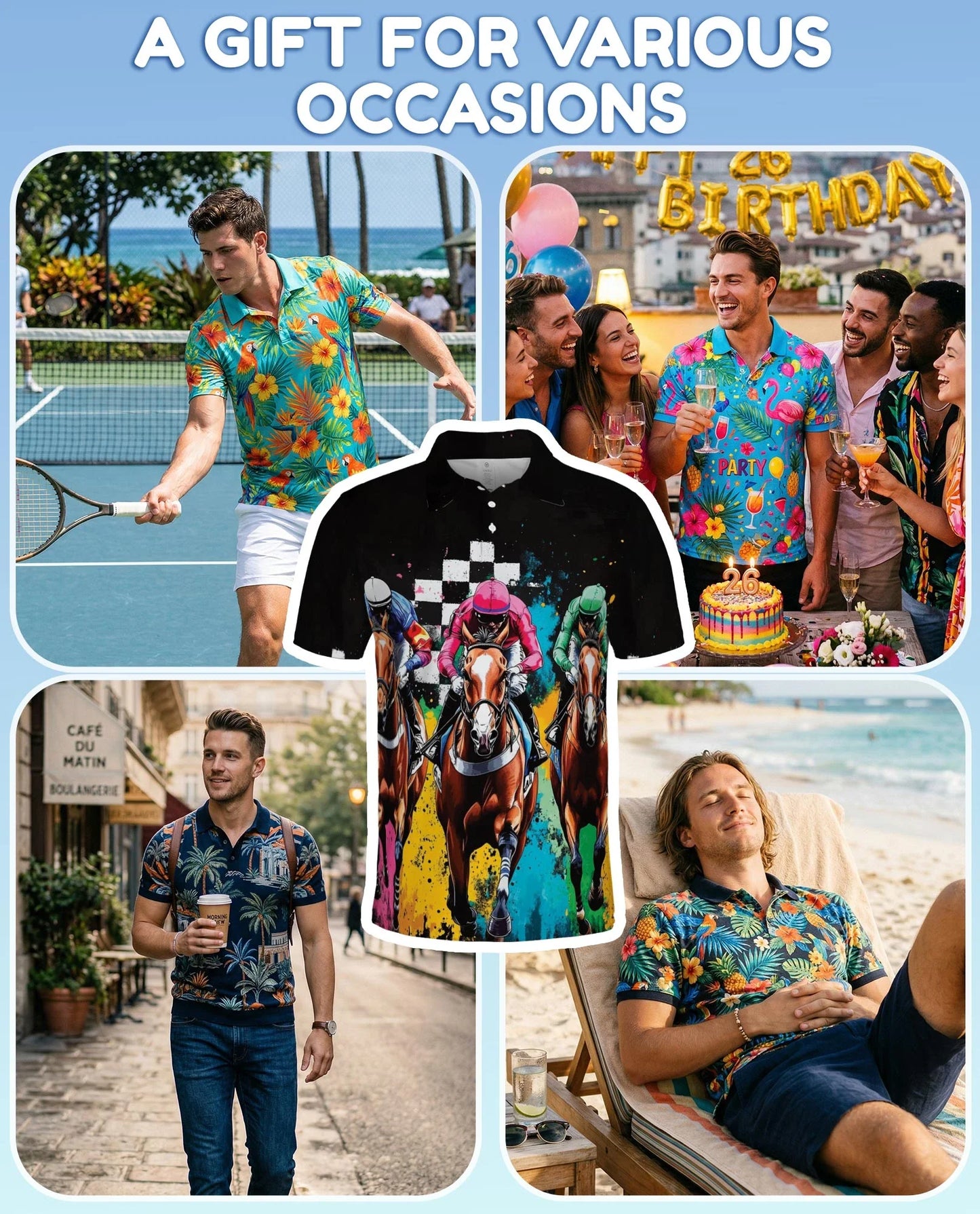 Artistic Colorful Horse Racing Polo Shirt for Men, Equestrian Art Style | Azhawaiian