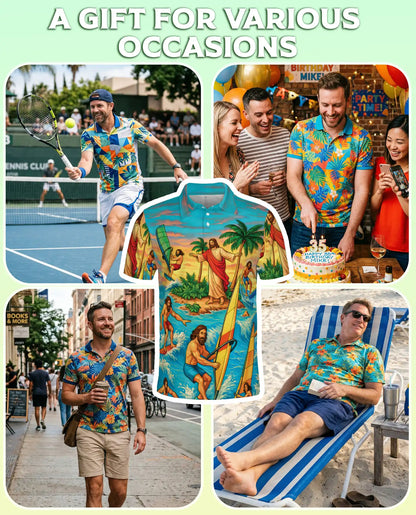 Jesus Surfing Tropical Beach 3D Polo Shirt for Men, Christian Summer Island Style | Azhawaiian