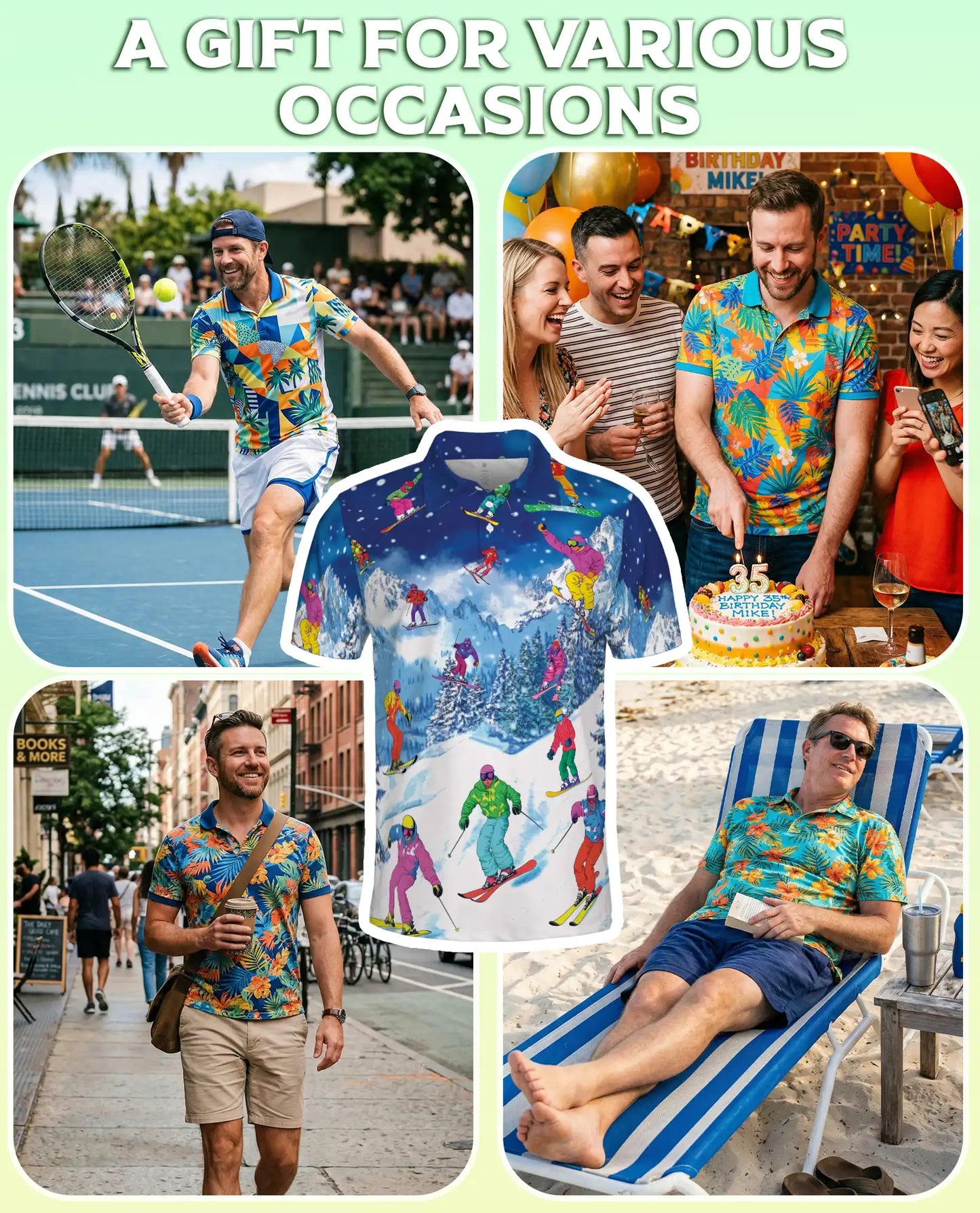 Colorful Skiing 3D Polo Shirt for Men, Winter Mountain Sports Style | Azhawaiian