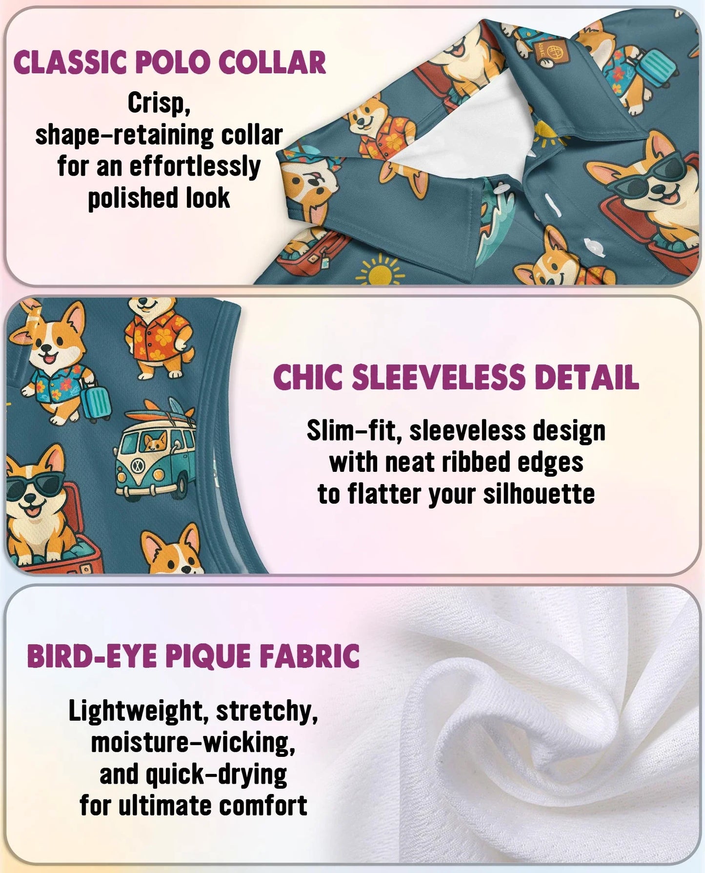 Cute Corgi Summer Beach Sleeveless Polo Shirt for Women, Dog Lover Style | Azhawaiian