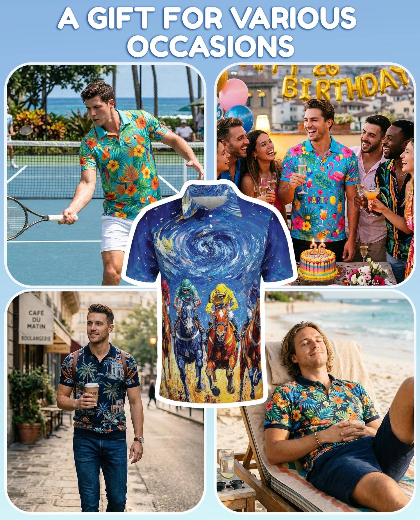 Horse Racing Starry Night Polo Shirt for Men, Artistic Equestrian Style | Azhawaiian