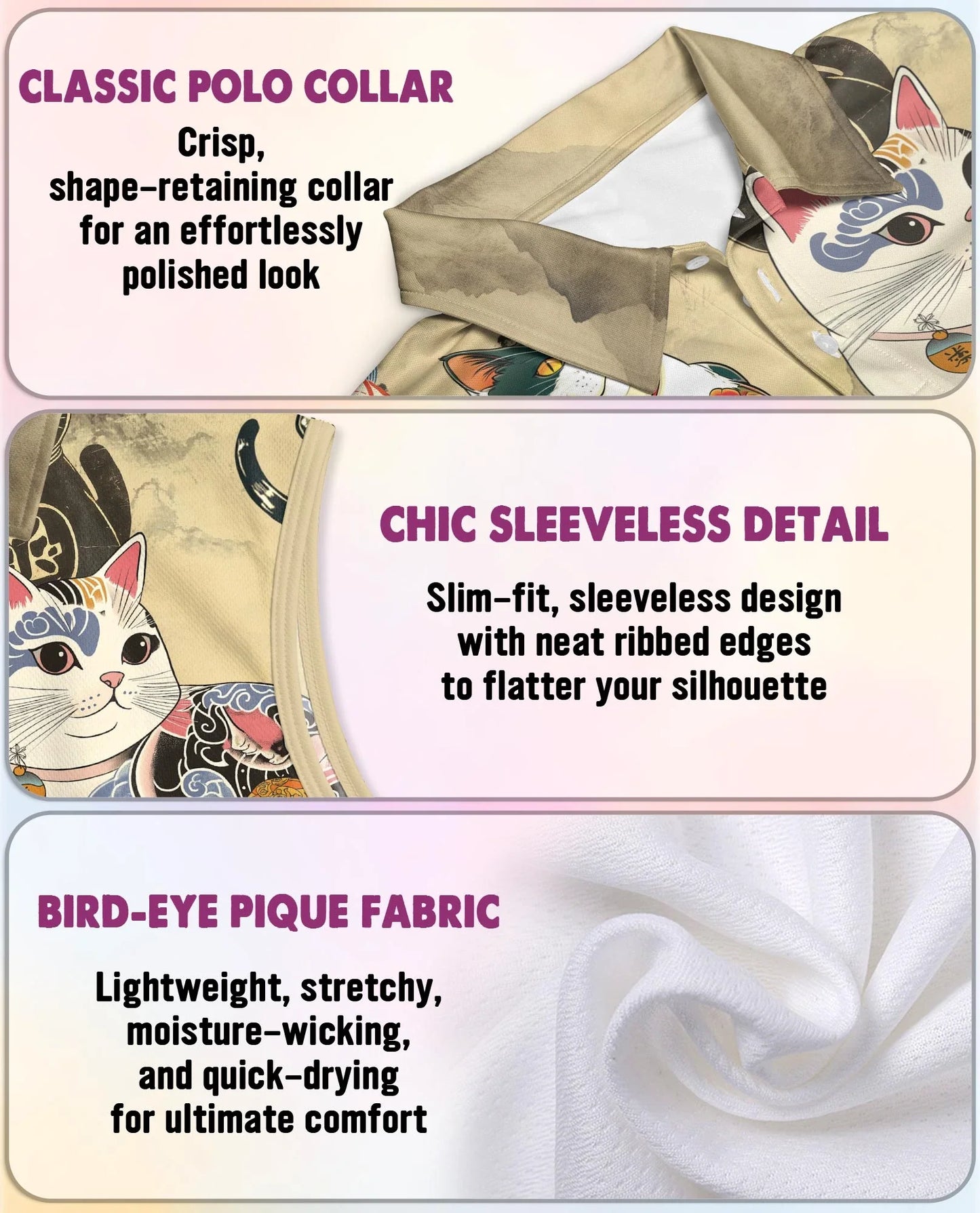 Japanese Cat Tattoo Sleeveless Polo Shirt for Women | Azhawaiian