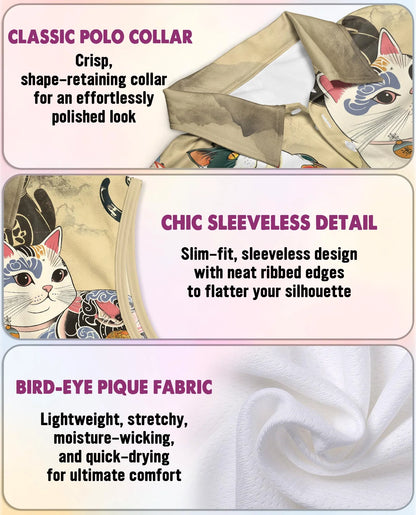 Japanese Cat Tattoo Sleeveless Polo Shirt for Women | Azhawaiian