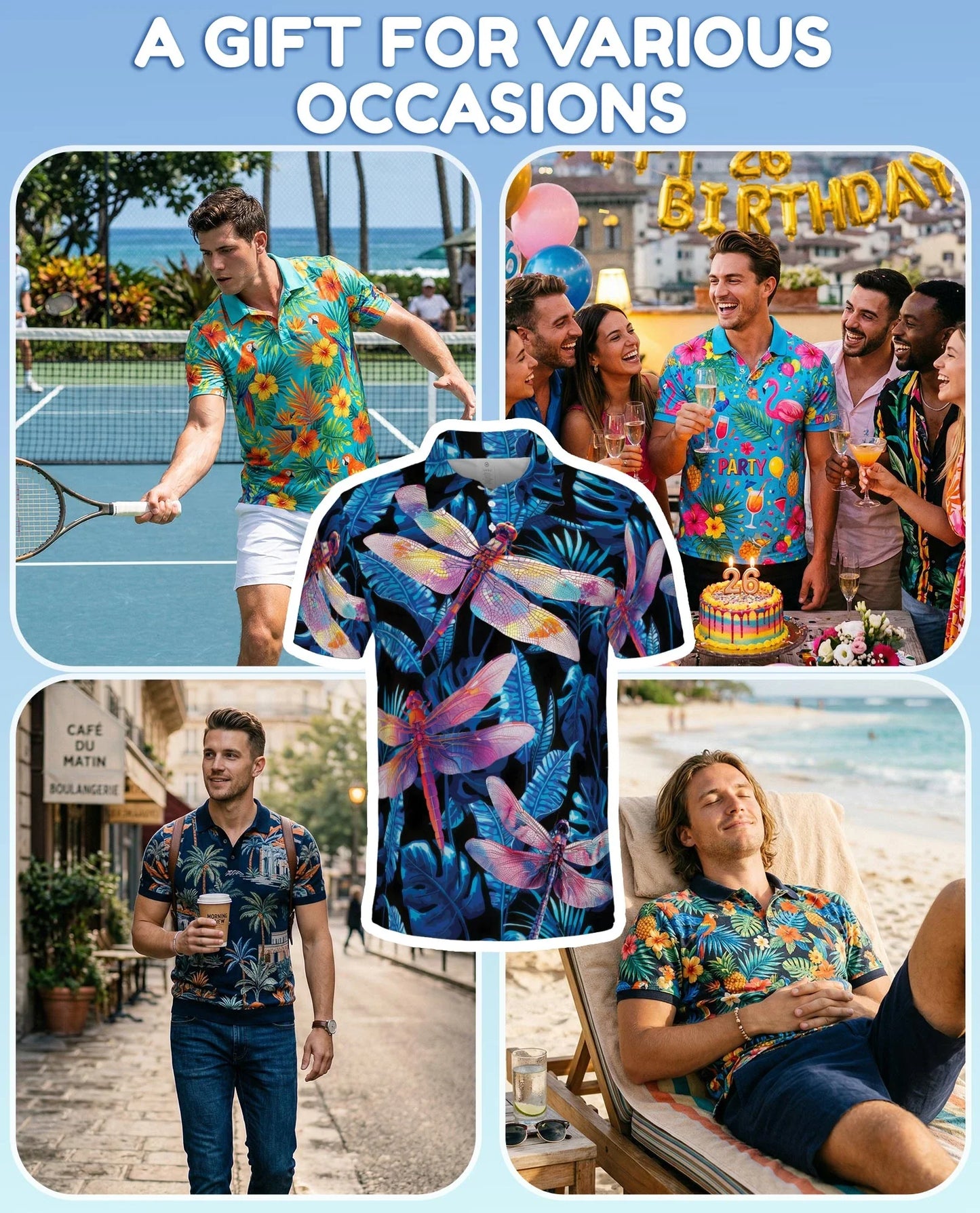 Dragonfly Blue Tropical Polo Shirt for Men, Island Nature Style | Azhawaiian