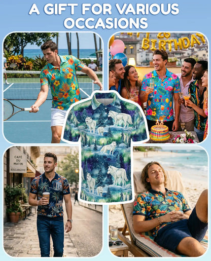 Wolf Aurora Polo Shirt, Northern Lights Winter Scene | Azhawaiian