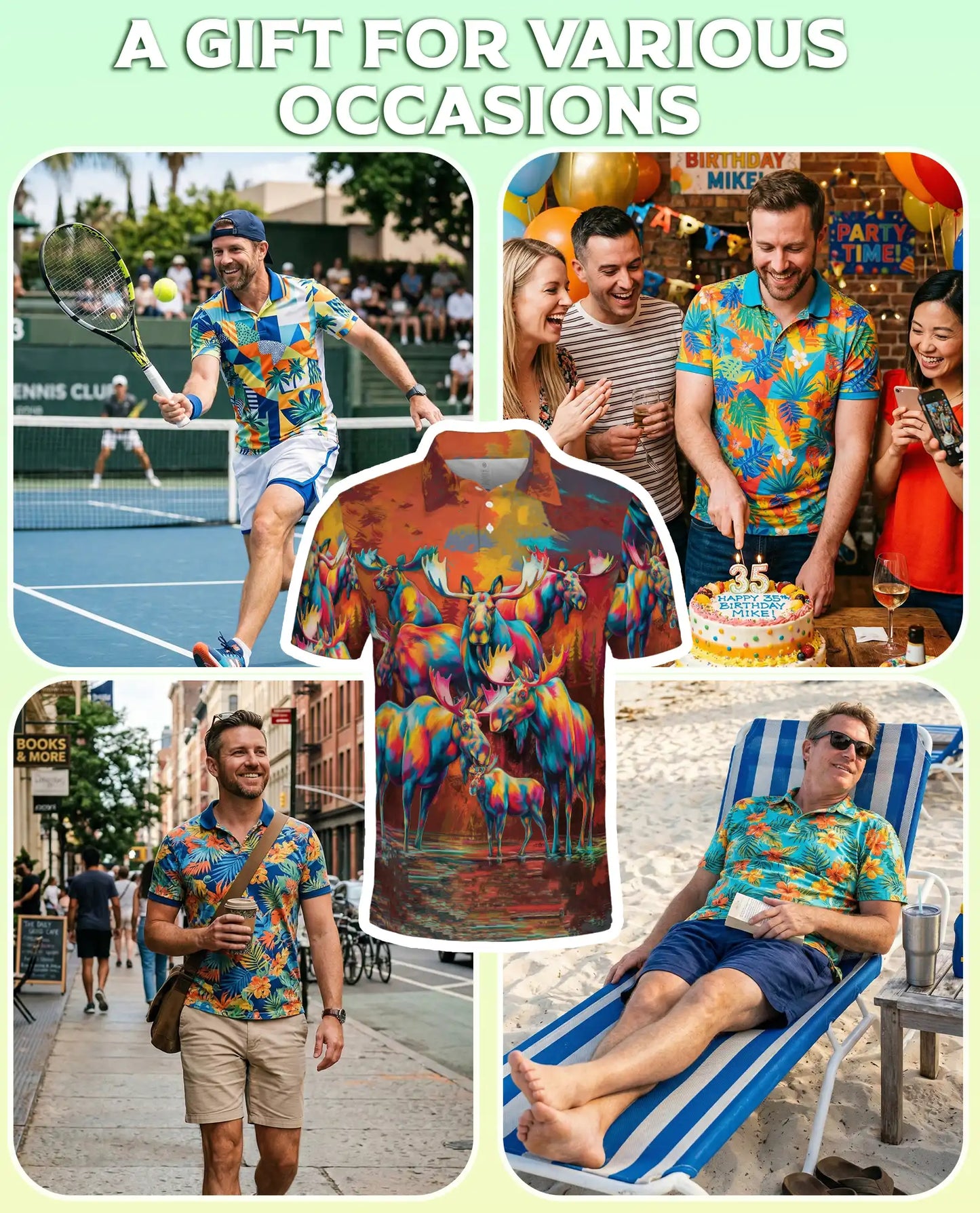 Colorful Moose Polo Shirt, Artistic Wildlife Style | Azhawaiian