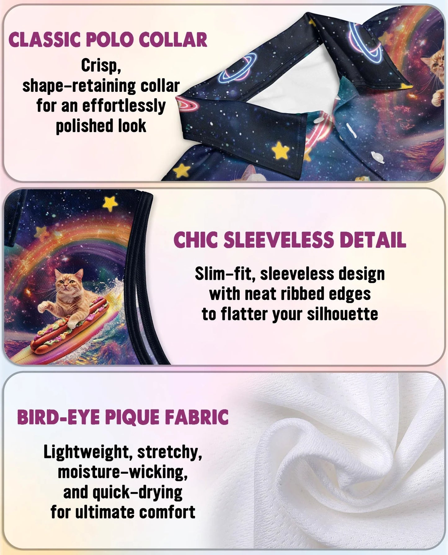 Cosmic Cat Food Adventure Sleeveless Polo Shirt for Women | Azhawaiian
