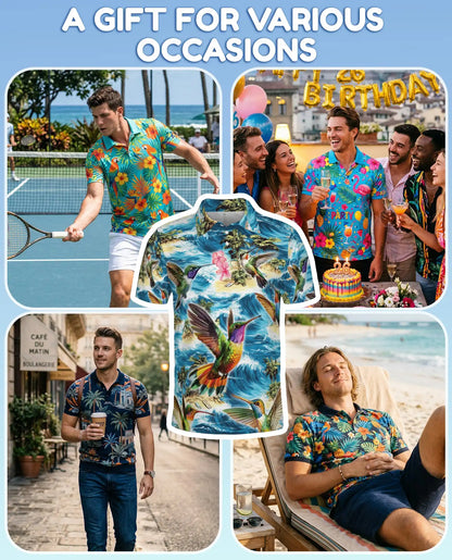 Hummingbird Tropical Polo Shirt, Ocean Wave Print | Azhawaiian