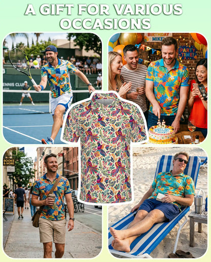 Colorful Bird Floral Polo Shirt, Tropical Pattern | Azhawaiian
