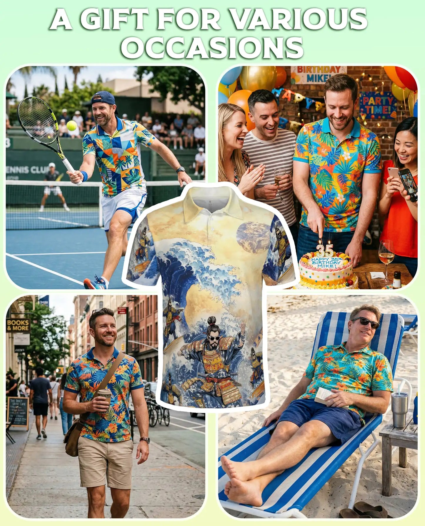 Japanese Samurai Wave 3D Polo Shirt for Men, Great Ocean Warrior Art Style | Azhawaiian
