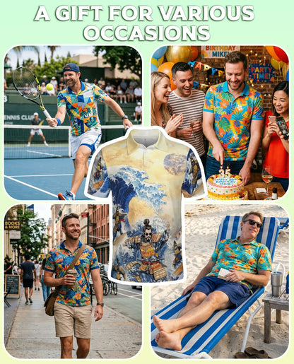 Japanese Samurai Wave 3D Polo Shirt for Men, Great Ocean Warrior Art Style | Azhawaiian