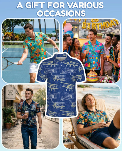 Vintage Aircraft Polo Shirt for Men, Classic Aviation Style | Azhawaiian