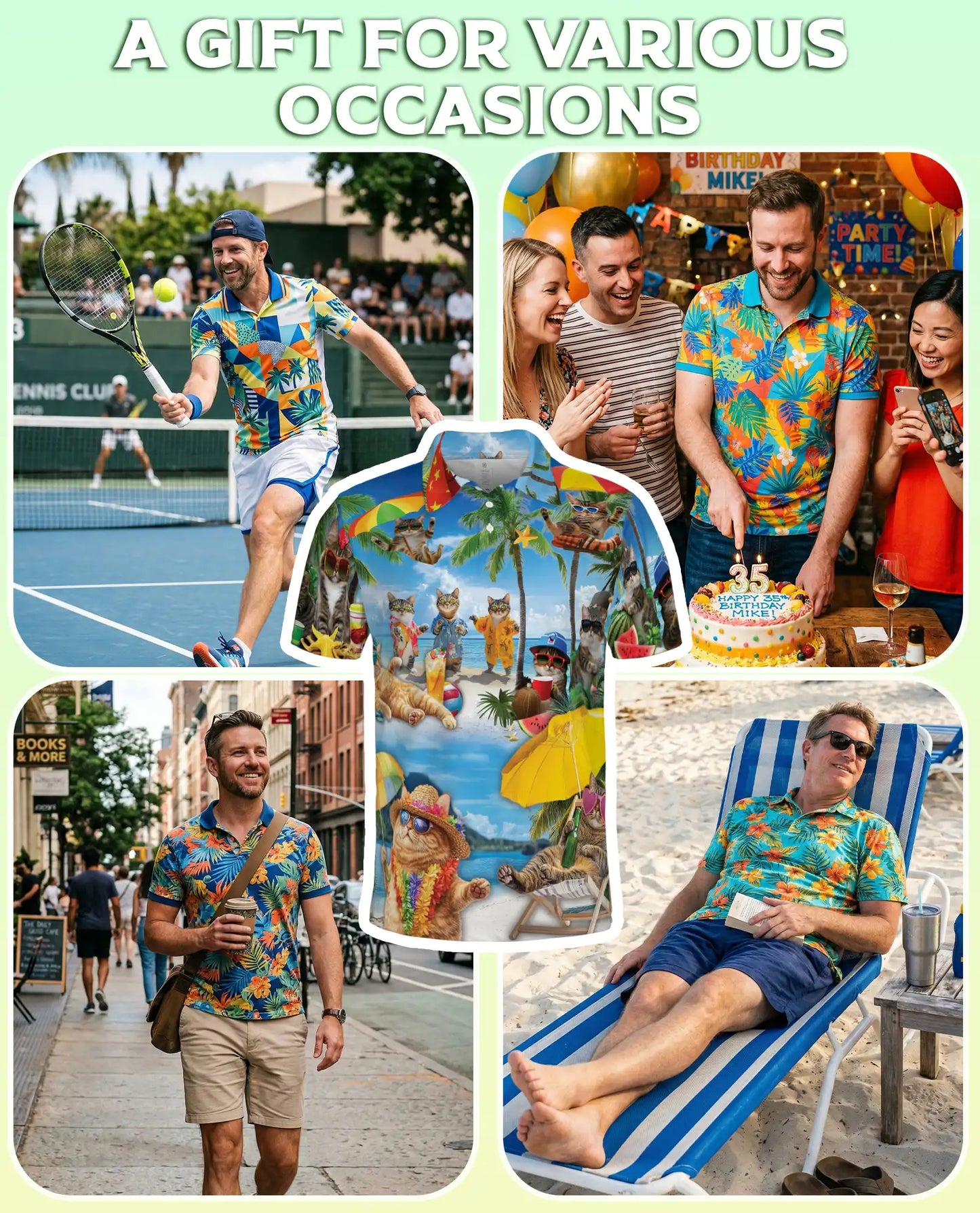 Funny Beach Cats Polo Shirt for Men-Tropical Vacation Summer Shirt | Azhawaiian