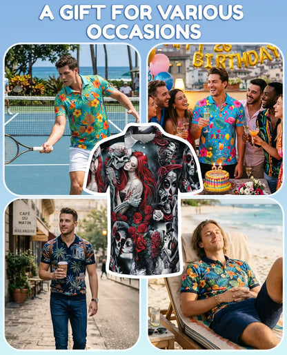 Day of the Dead Sugar Skull Polo Shirt for Men, Gothic Skeleton Roses | Azhawaiian