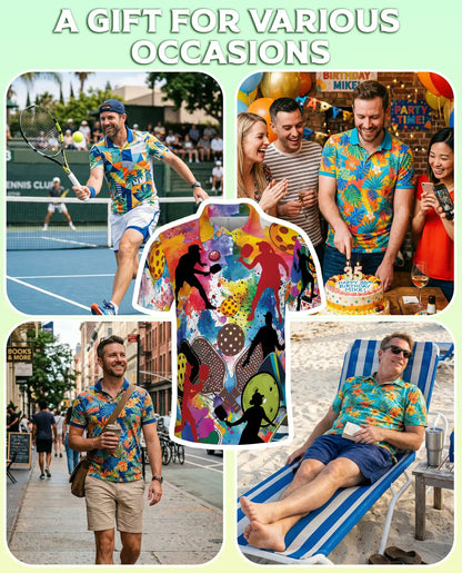 Colorful Pickleball Art 3D Polo Shirt for Men, Retro Sports Player Style | Azhawaiian