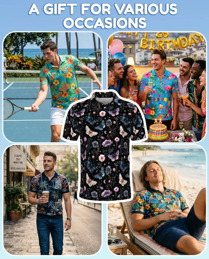 Butterfly Floral Polo Shirt - Moonlit Botanical Garden Style | Azhawaiian
