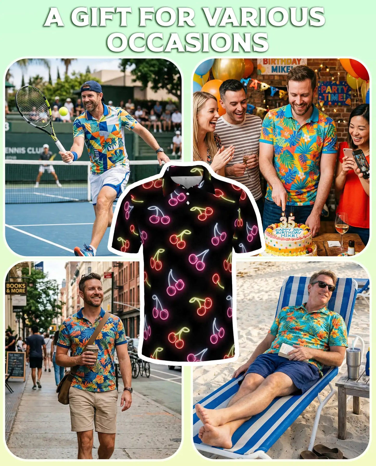 Neon Cherry Polo Shirt for Men- Retro Fruit Glow Aesthetic Shirt | Azhawaiian