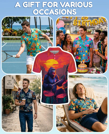 Funny Gorilla Drummer Polo Shirt - Sunset Rock Music Style | Azhawaiian