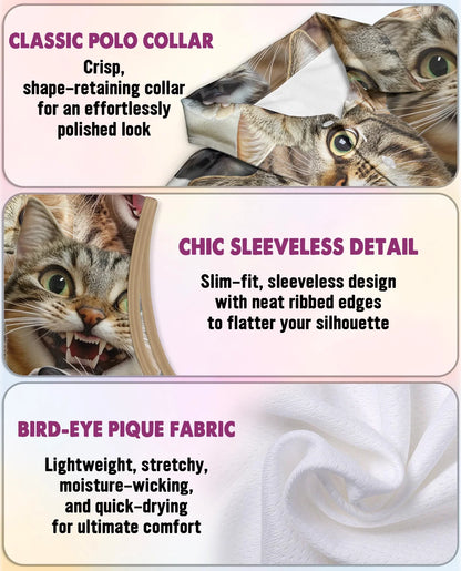 Funny Cat Pattern Sleeveless Polo Shirt for Women | Azhawaiian