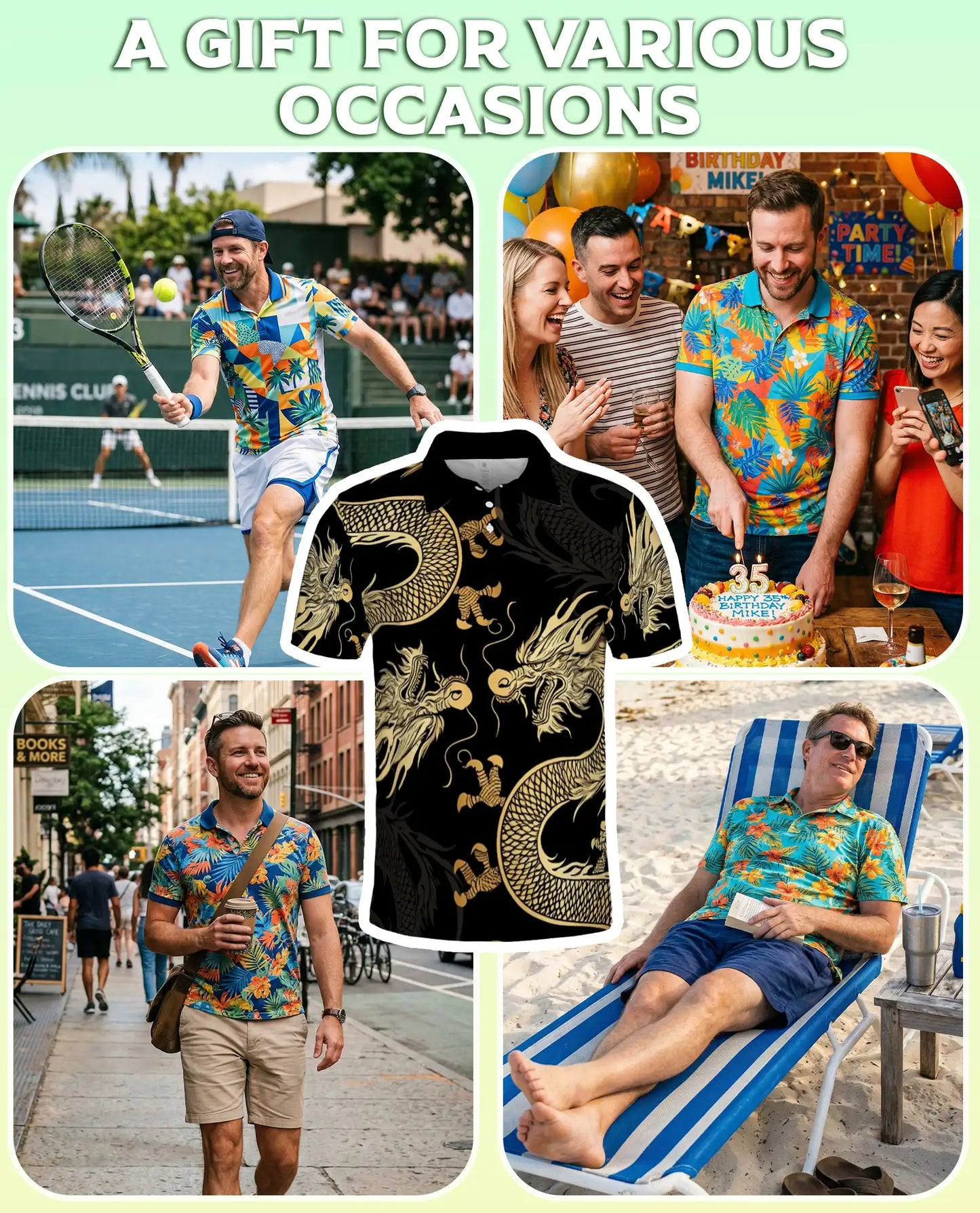 Gold Dragon 3D Polo Shirt for Men, Black Asian Fantasy Art Style | Azhawaiian