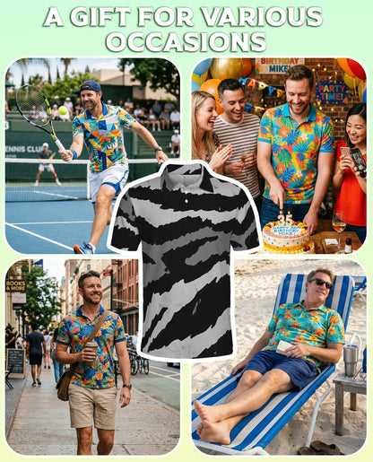 Black White Abstract 3D Polo Shirt for Men, Modern Brushstroke Style | Azhawaiian