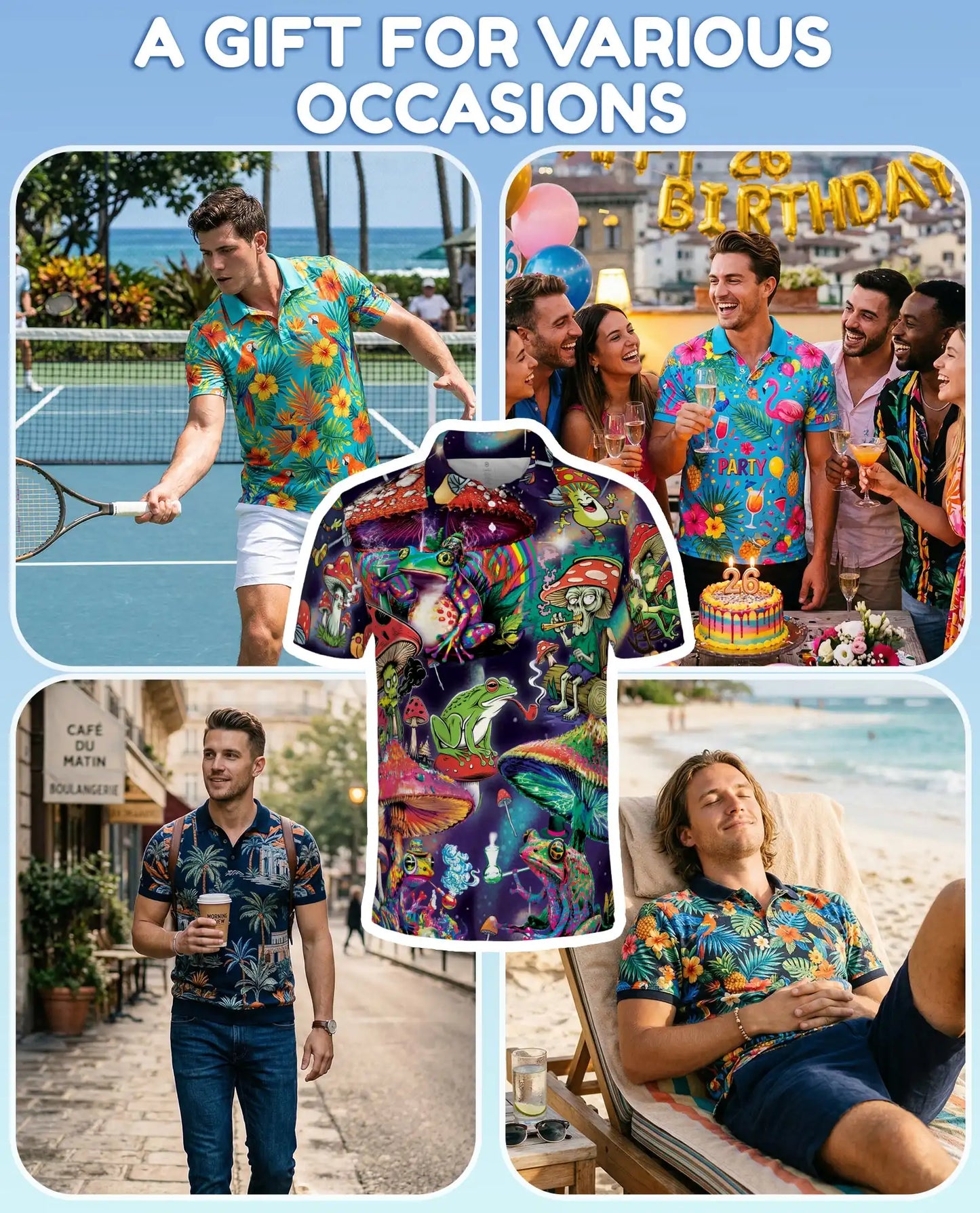Frog Mushroom Polo Shirt for Men, Colorful Trippy Design | Azhawaiian
