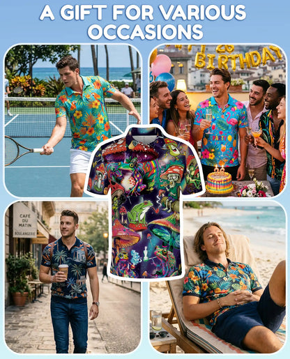 Frog Mushroom Polo Shirt for Men, Colorful Trippy Design | Azhawaiian