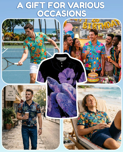 Polynesian Sea Turtle Floral Polo Shirt for Men, Tropical Island Style | Azhawaiian