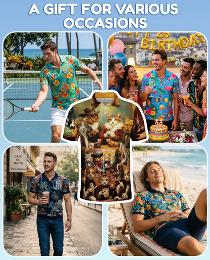 Vintage Cat Poker 3D Polo Shirt for Men, Funny Animal Card Game | Azhawaiian