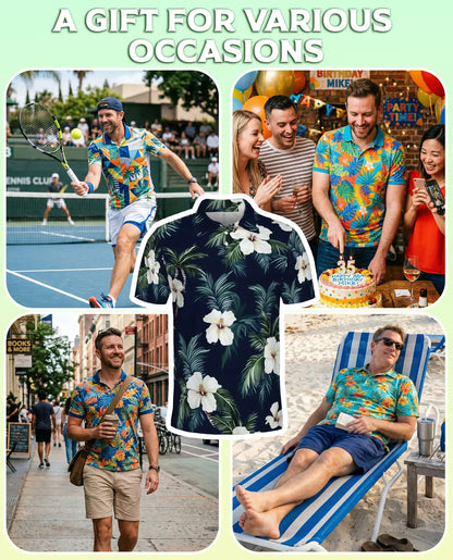 Tropical Hibiscus Palm 3D Polo Shirt for Men, Hawaiian Floral Beach Style | Azhawaiian