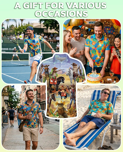 Funny Cowboy Cat 3D Polo Shirt for Men, Wild West Western Pet Style | Azhawaiian