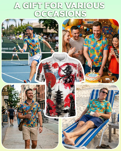 Japanese Samurai Dragon 3D Polo Shirt for Men, Warrior Mythology Art Style | Azhawaiian