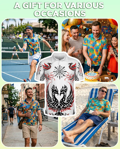 Phoenix Tribal 3D Polo Shirt for Men, Nordic Raven Symbol Style | Azhawaiian