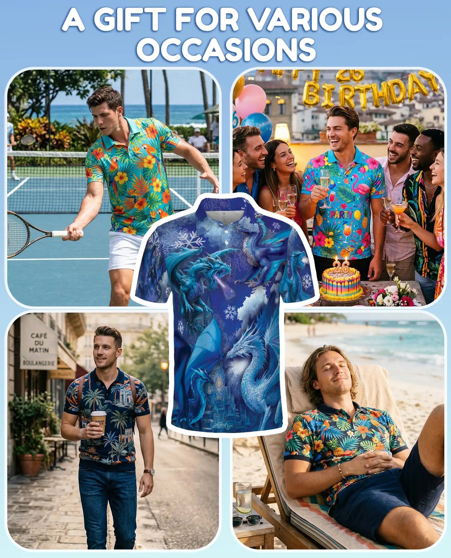 Blue Ice Dragon Polo Shirt for Men, Winter Fantasy Design | Azhawaiian