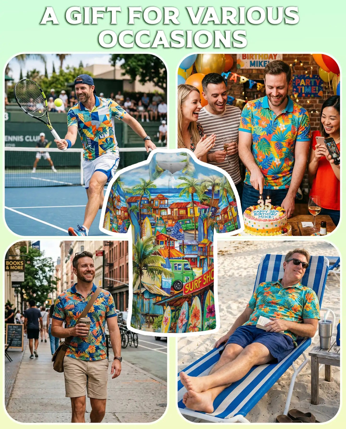 Tropical Surf Town 3D Polo Shirt for Men, Colorful Beach Vacation Style | Azhawaiian