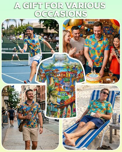 Tropical Surf Town 3D Polo Shirt for Men, Colorful Beach Vacation Style | Azhawaiian