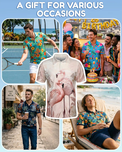 Pink Flamingo 3D Printed Polo Shirt for Men, Summer Tropical Shirt | Azhawaiian