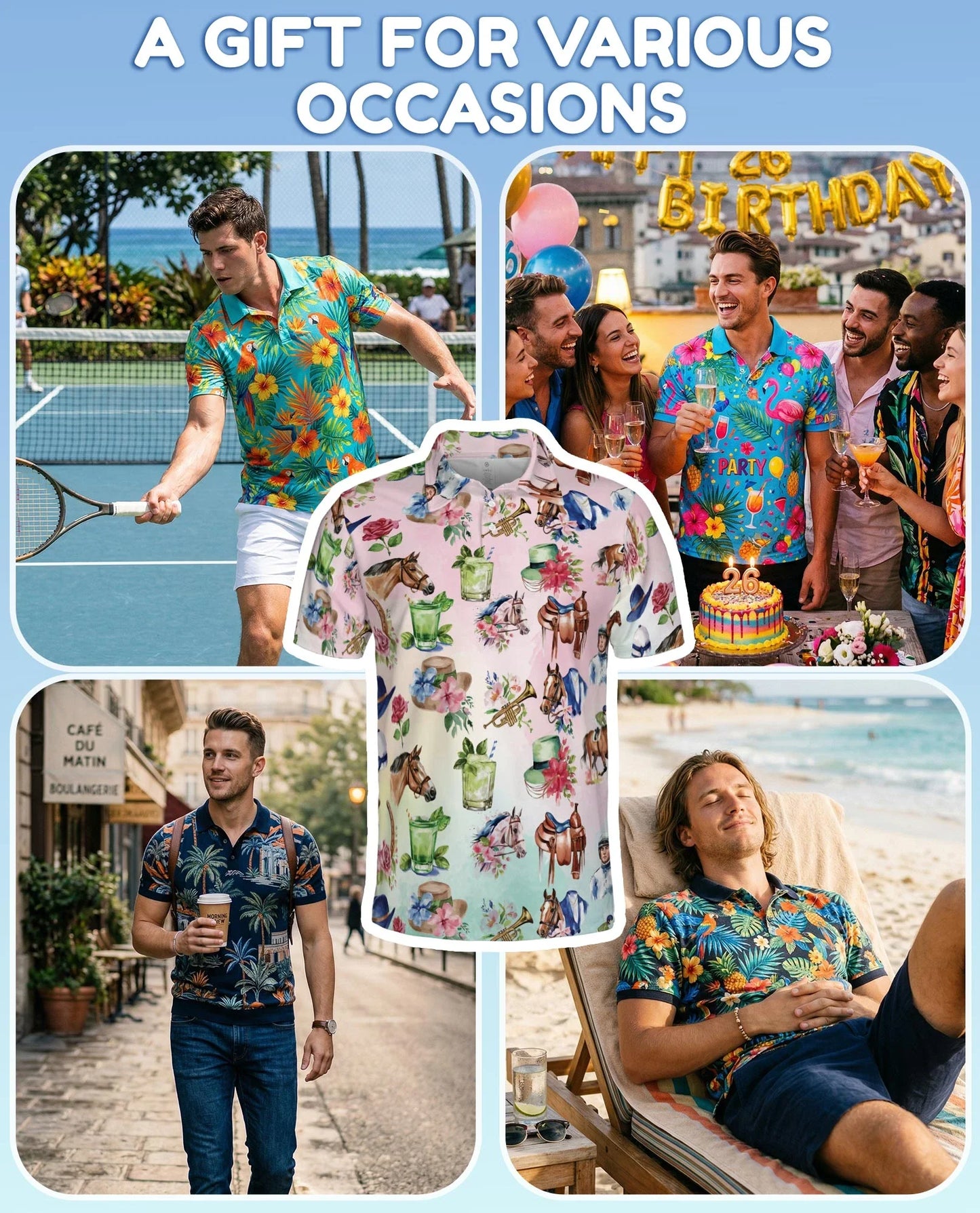 Horse Racing Cocktail Polo Shirt for Men, Equestrian Party Style | Azhawaiian