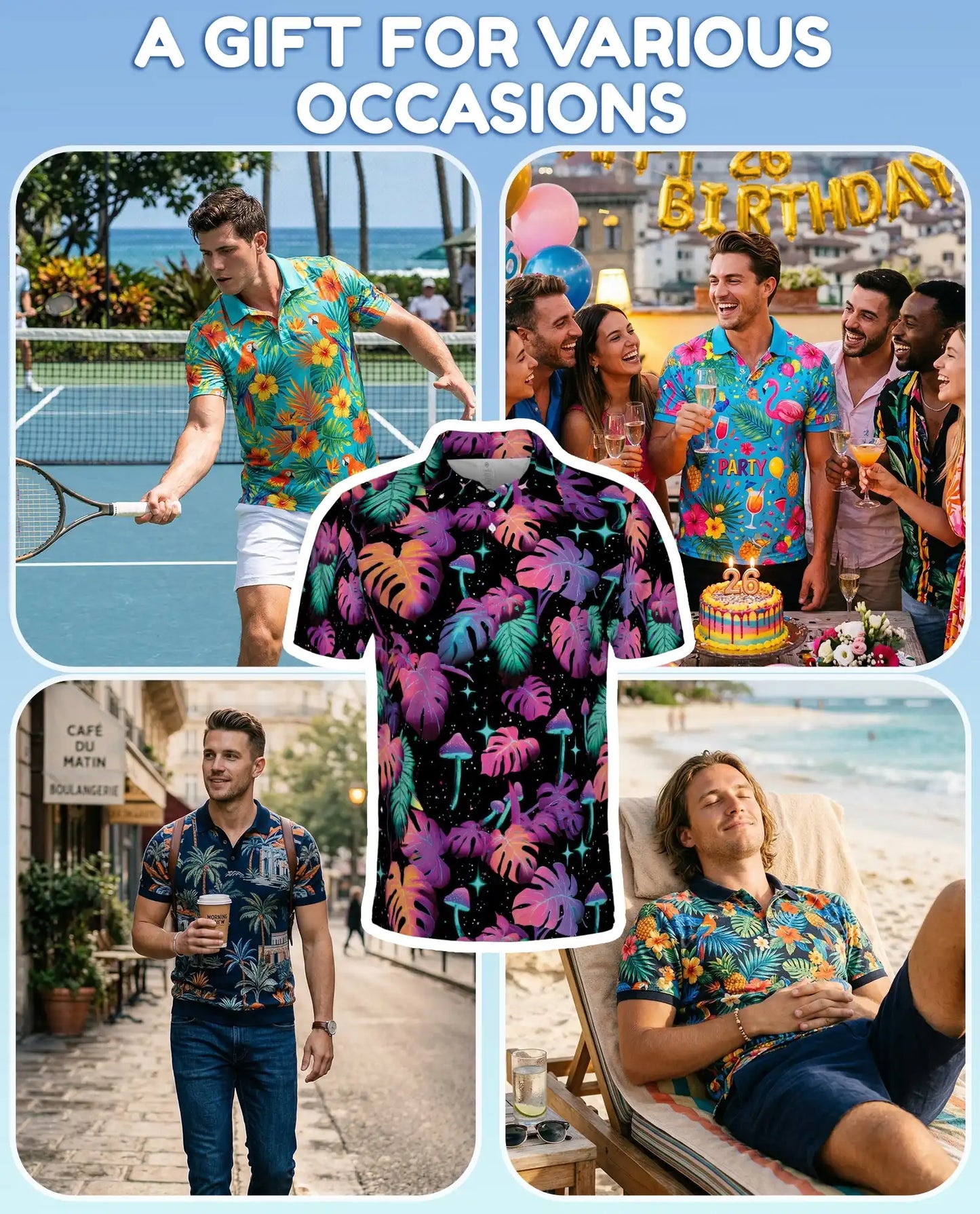 Neon Tropical Leaves Polo Shirt - Psychedelic Mushroom Style | Azhawaiian