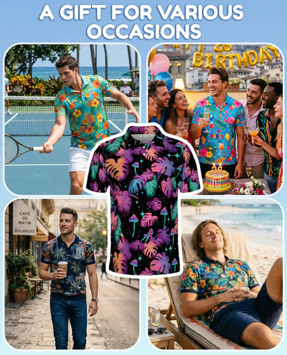 Neon Tropical Leaves Polo Shirt - Psychedelic Mushroom Style | Azhawaiian